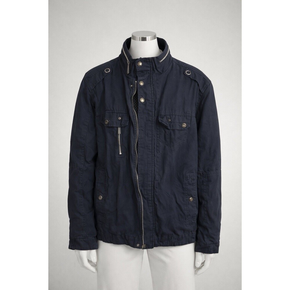 Wantdo Mens XL Navy Casual Jacket Zipper Button Stand Collar Zipped Pockets